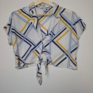 Forever 21 Geometric Plaid Tie Front Crop Top White Blue Yellow Size Medium